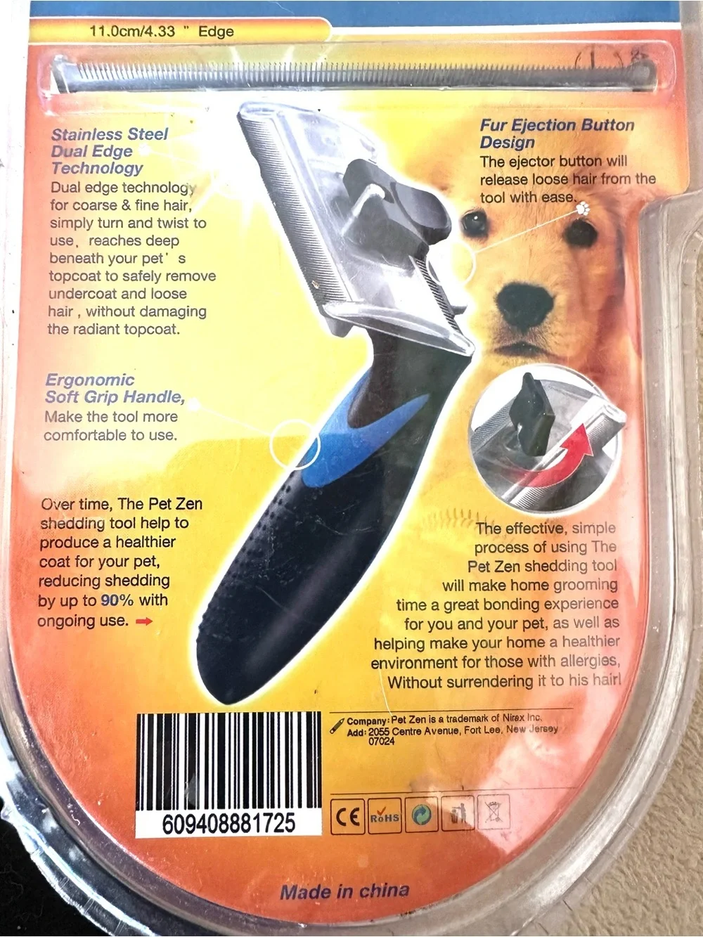 PET ZEN Pro Pet Shedding Tool for Dogs & Cats Dual Edge, Fur Ejection Button NIP